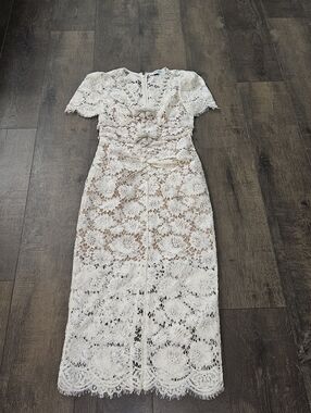 Self-Portrait Cream Fine Lace Pearl Midi Dress in Cream